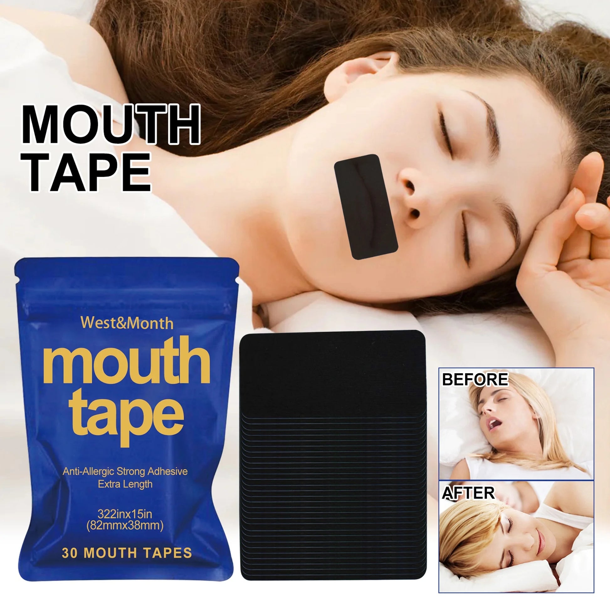 30 Pcs Mouth Tape for Sleeping, Hypoallergenic Gentle Adhesive Snoring Tape, Mouth Breathing Tape
